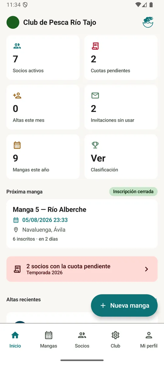 Pantalla de inicio del administrador: socios activos, cuotas pendientes y la próxima manga.