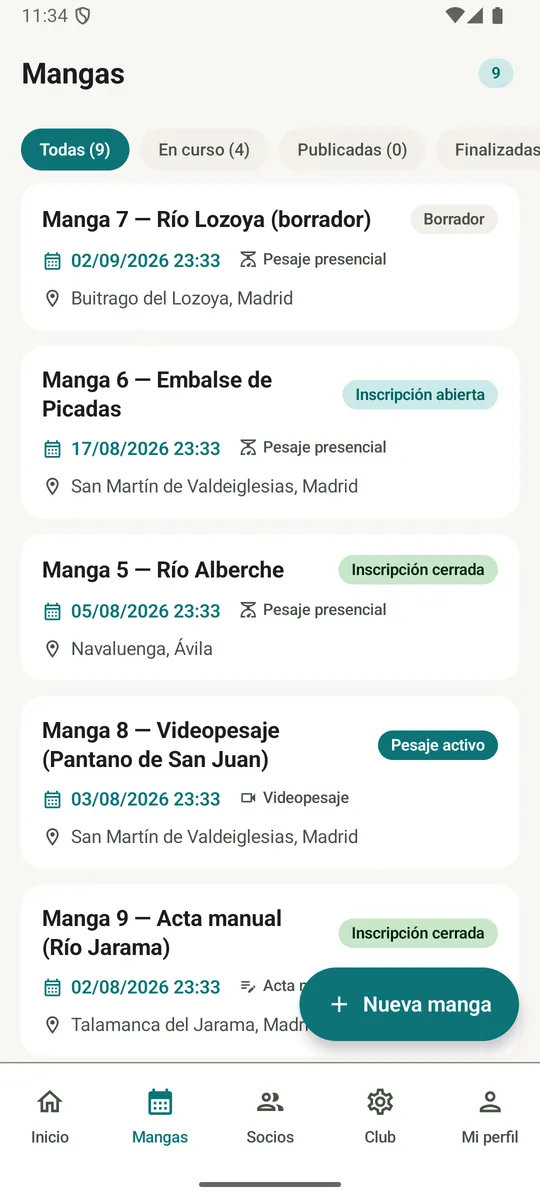Listado de mangas del club con su estado: borrador, inscripción abierta, pesaje activo o finalizada.